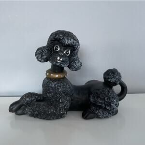 Vintage Ceramic Atlantic Mold Poodle Figure Laying MCM Decor 11" Black